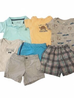 12M Baby Boy Spring & Summer Bundle Polo Bodysuit, Plaid Shorts, & Animal Prints